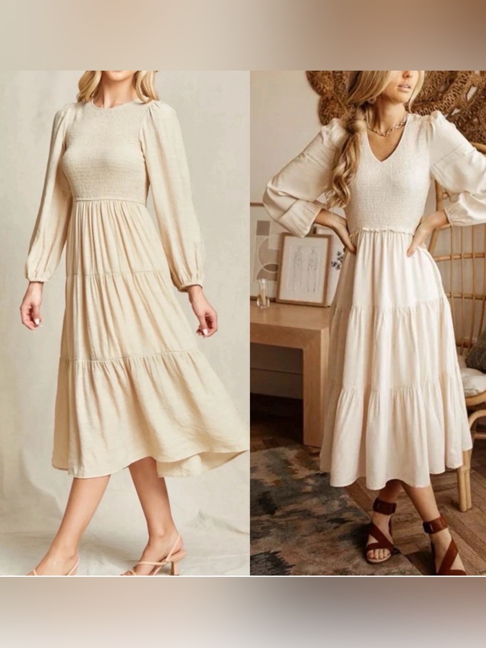 Merokeety Smocked Bodice Tiered
Midi Dress Rayon Long Sleeve
Neutral Cream Med